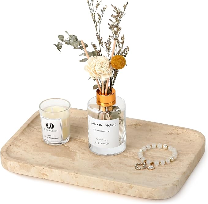 Natural Travertine Vanity Tray - Decorative Stone Marble Tray for Bathroom Countertop, Elegant Organizer for Home Decor, Jewelry, Candle, Makeup, Kitchen and Dresser Decor