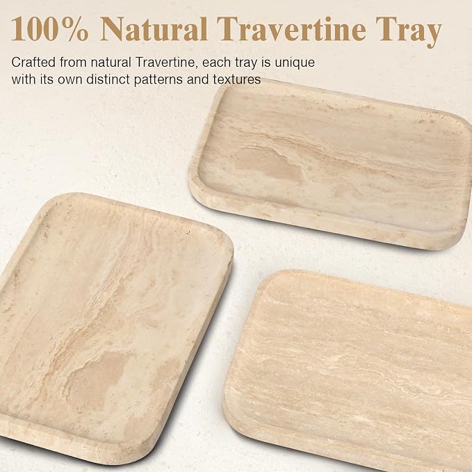Natural Travertine Vanity Tray - Decorative Stone Marble Tray for Bathroom Countertop, Elegant Organizer for Home Decor, Jewelry, Candle, Makeup, Kitchen and Dresser Decor