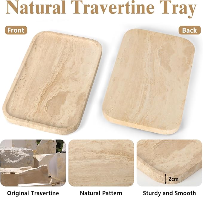 Natural Travertine Vanity Tray - Decorative Stone Marble Tray for Bathroom Countertop, Elegant Organizer for Home Decor, Jewelry, Candle, Makeup, Kitchen and Dresser Decor