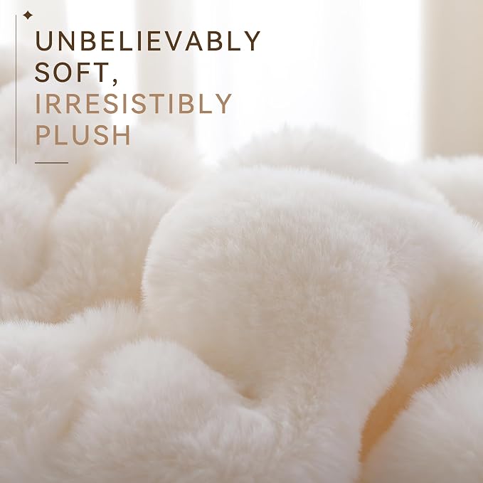 Smoofy Faux Rabbit Fur Throw for Couch - Cream White Bubble Blanket 50"x60" | Fluffy Plush Fuzzy Throw for Sofa & Bed