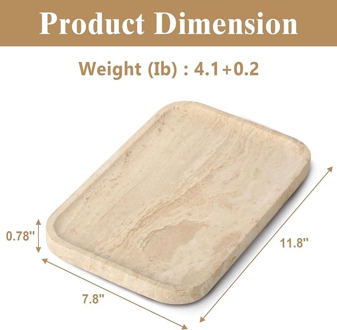 Natural Travertine Vanity Tray - Decorative Stone Marble Tray for Bathroom Countertop, Elegant Organizer for Home Decor, Jewelry, Candle, Makeup, Kitchen and Dresser Decor