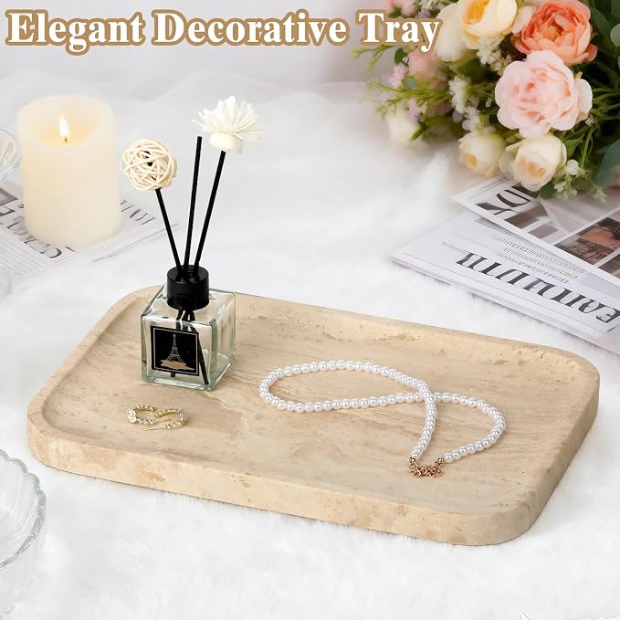 Natural Travertine Vanity Tray - Decorative Stone Marble Tray for Bathroom Countertop, Elegant Organizer for Home Decor, Jewelry, Candle, Makeup, Kitchen and Dresser Decor